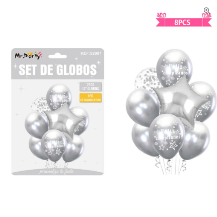 Set de globos metálico plateado feliz cumpleaños 8pcs