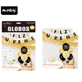 Set de globos con base y guirnalda negro y dorado 16pcs