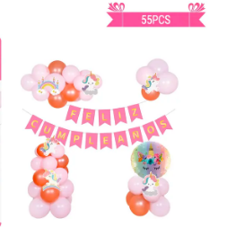 Set de globos látex y guirnalda con unicornio 55pcs