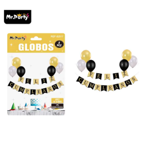 Set de globos látex y guirnalda negro y dorado 8pcs