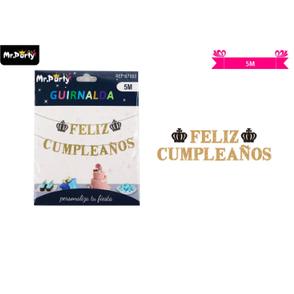 Guirnaldas feliz cumpleaños dorado 5m corona